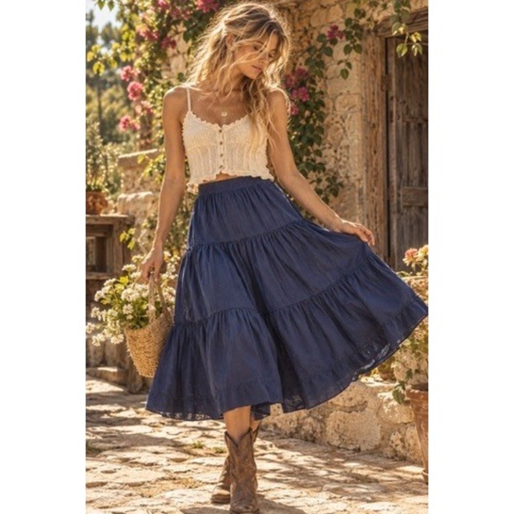 o.p.t Navy Blue 100% Cotton Tiered Midi Skirt Womens Size XS Elastic Waist